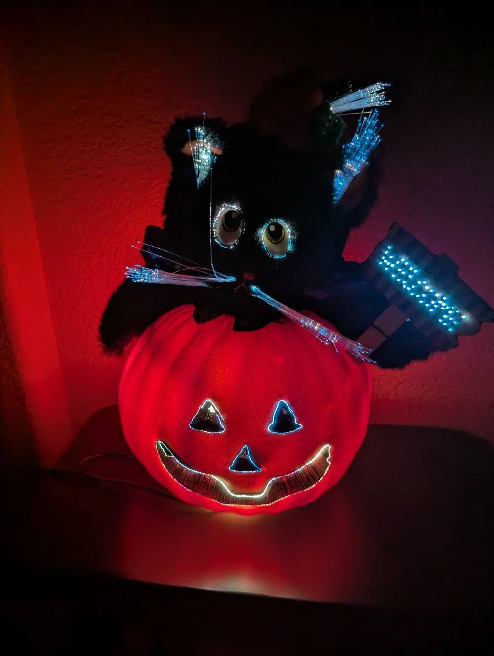 Vintage Halloween Fiber Optic Black Cat In Pumpkin Hat Cape in Pumpkin 12